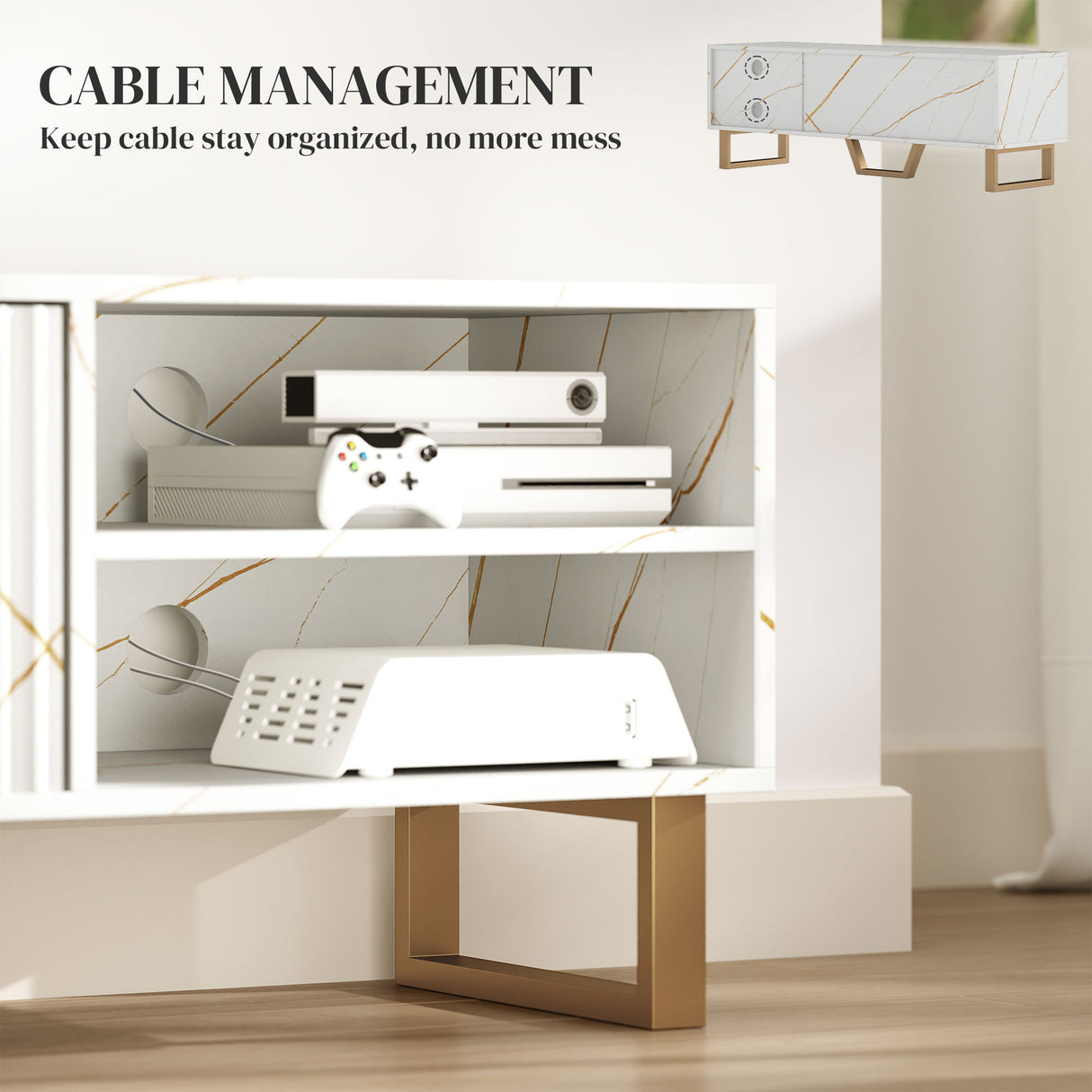 Particle Board TV Stand 140cm Wide With 2 Doors And Gold Legs - Velmora