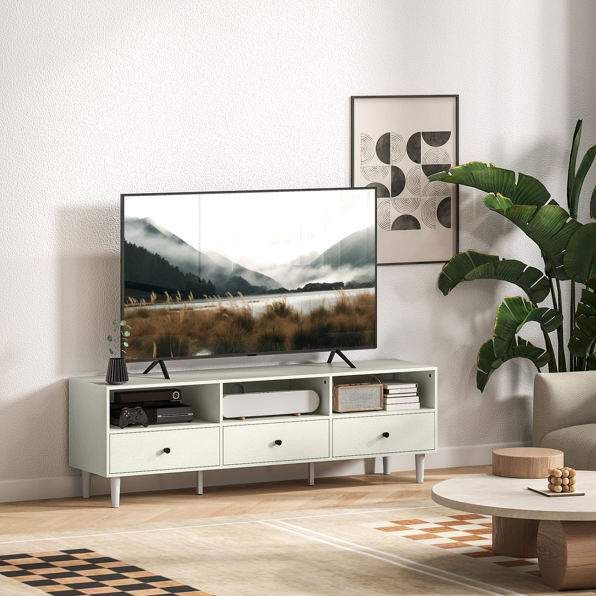 Wooden TV Stand 140cm Wide With 3 Drawers - Velmora
