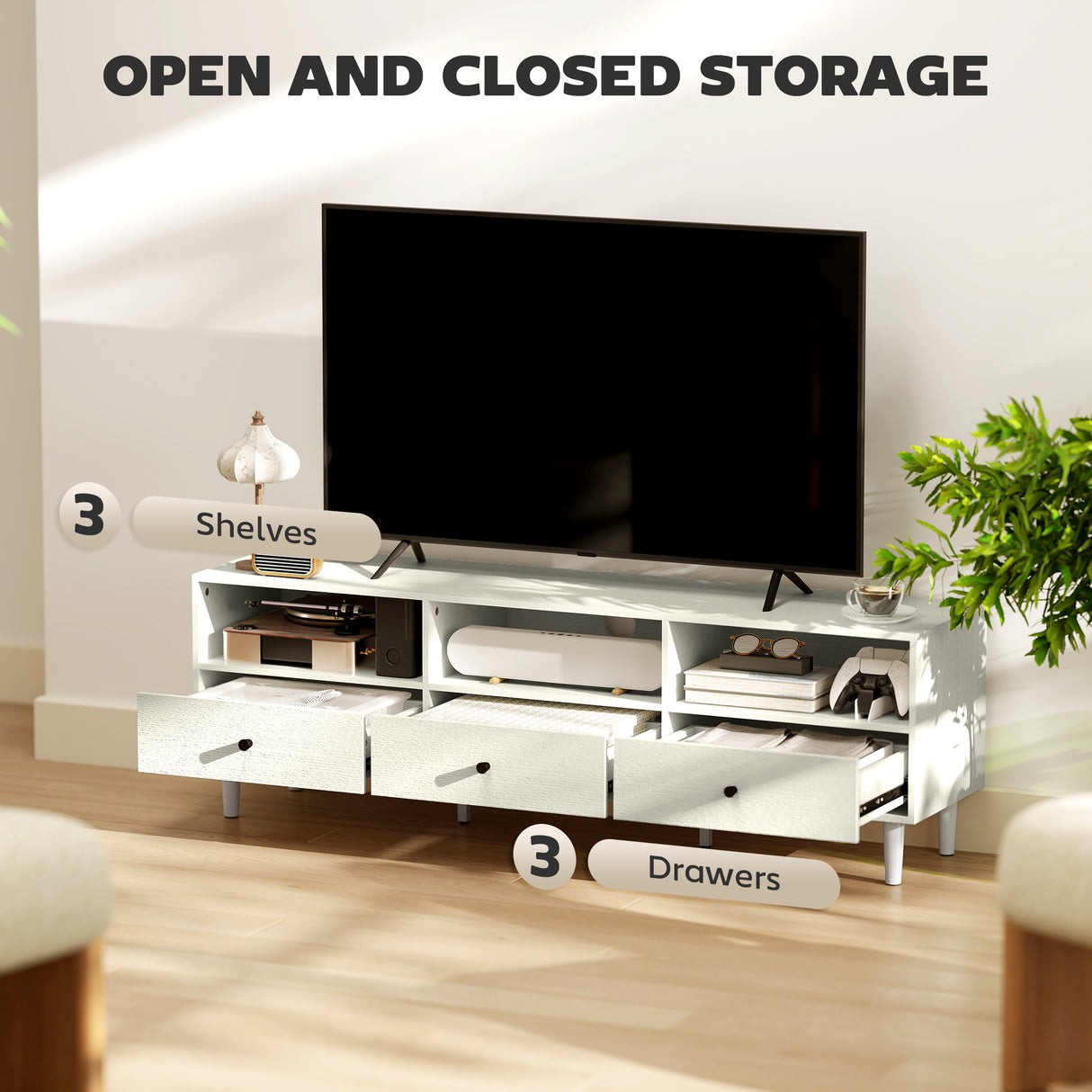 Wooden TV Stand 140cm Wide With 3 Drawers - Velmora