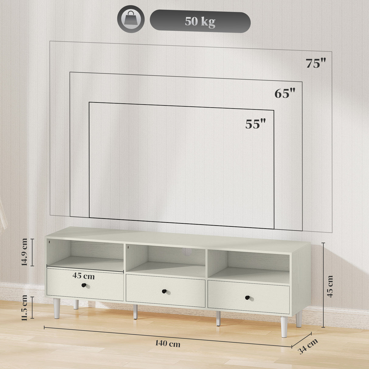 Wooden TV Stand 140cm Wide With 3 Drawers - Velmora