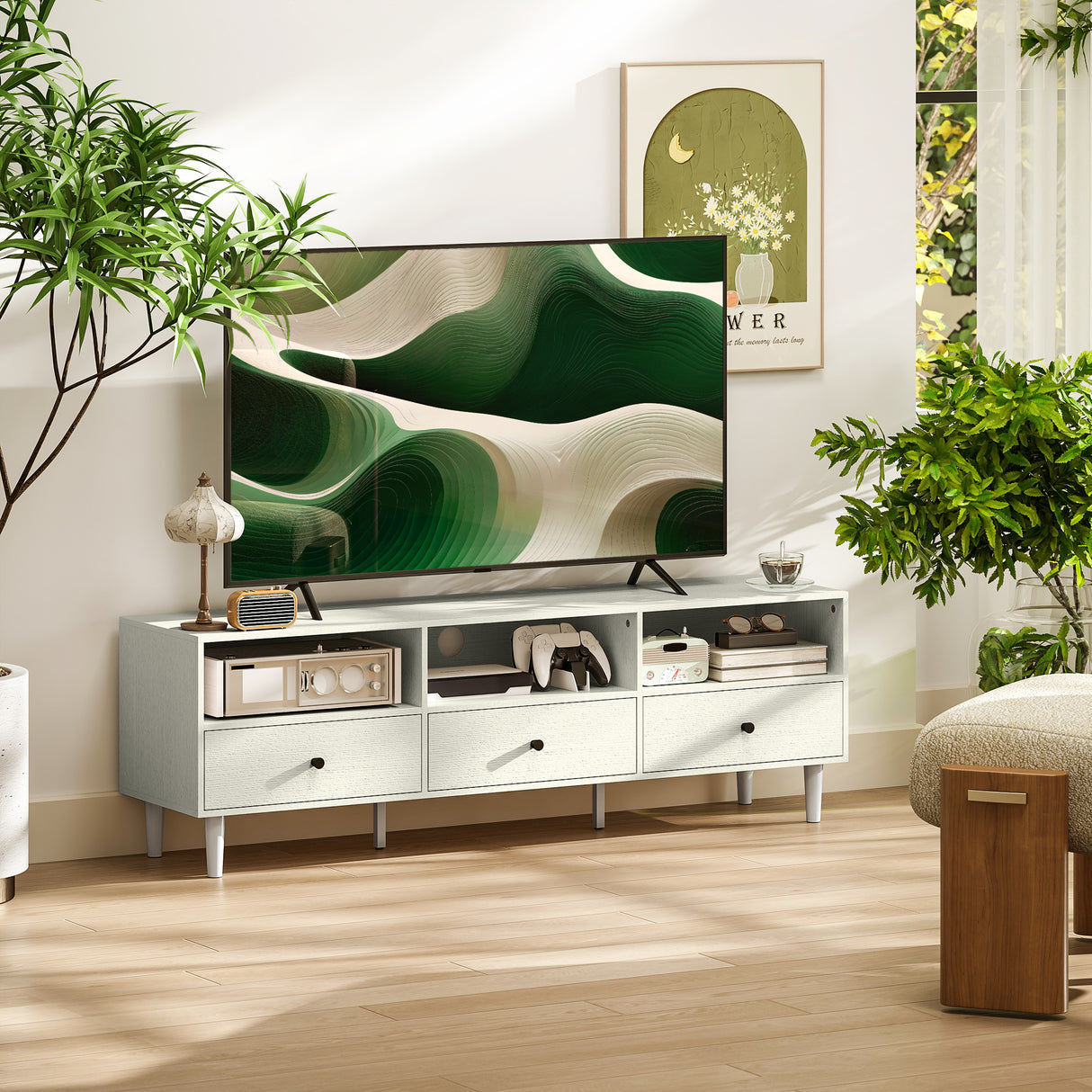 Wooden TV Stand 140cm Wide With 3 Drawers - Velmora
