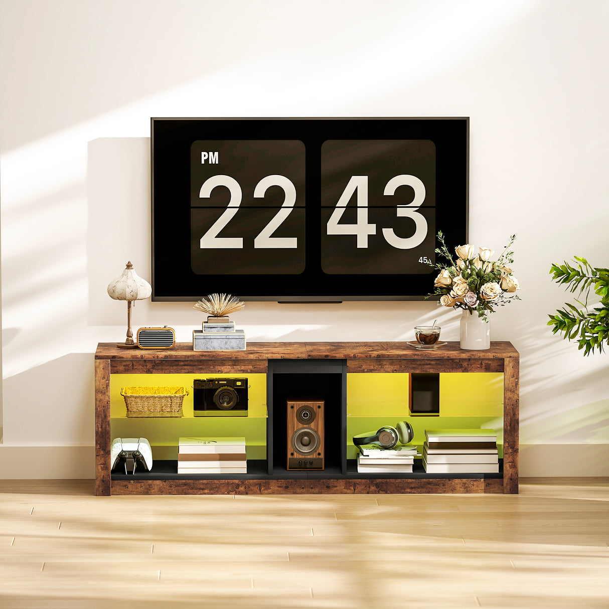Particle Board TV Stand 140cm Wide With LED Lights - Velmora