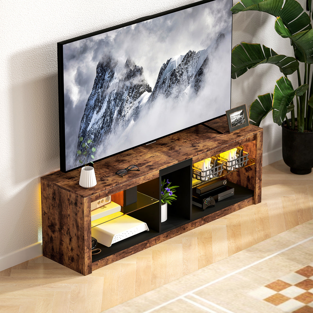 Particle Board TV Stand 140cm Wide With LED Lights - Velmora