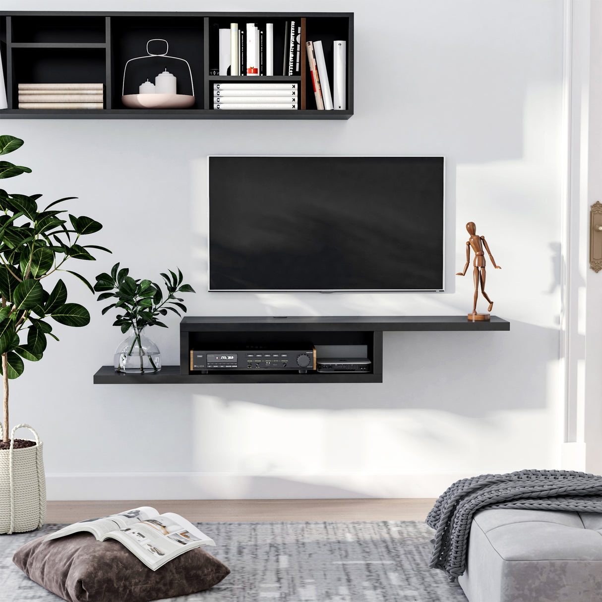 Wooden TV Stand 152.4cm Wide Wall Mounted - Velmora