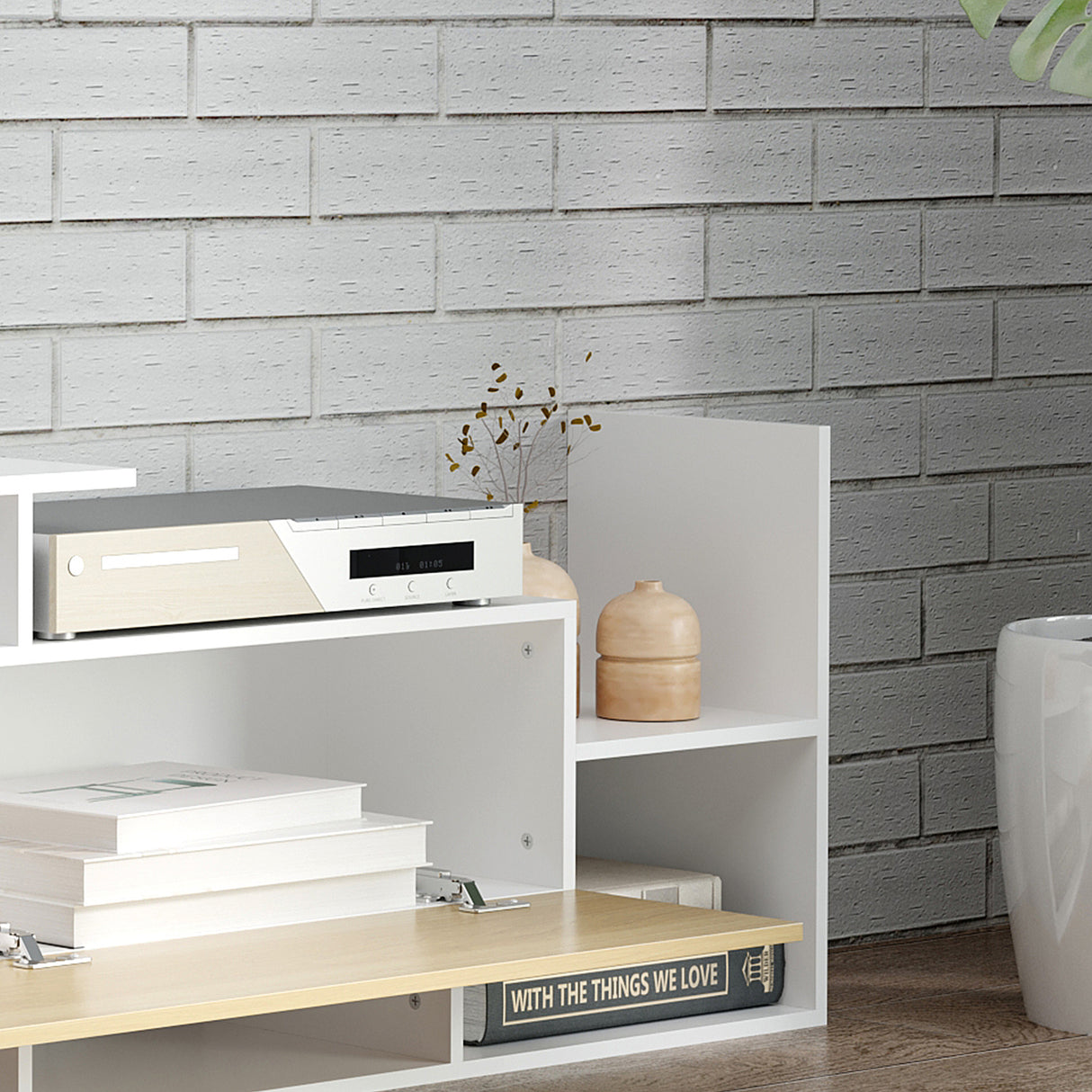 Wooden TV Stand 153.6cm Wide With Wall Shelf - Velmora