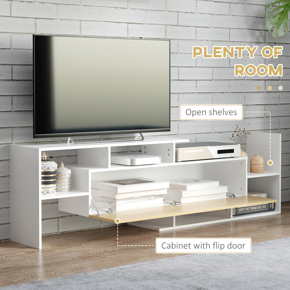 Wooden TV Stand 153.6cm Wide With Wall Shelf - Velmora