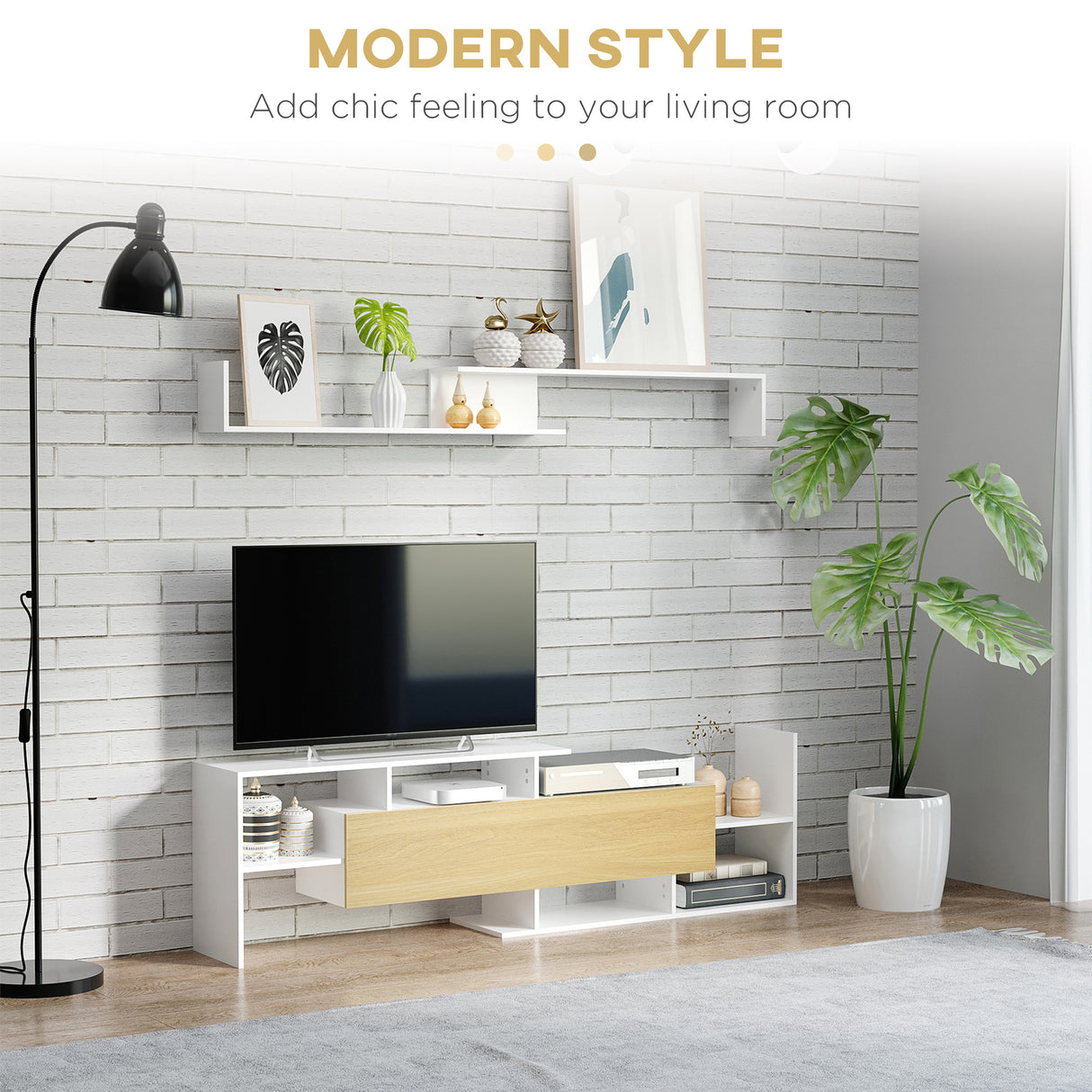 Wooden TV Stand 153.6cm Wide With Wall Shelf - Velmora