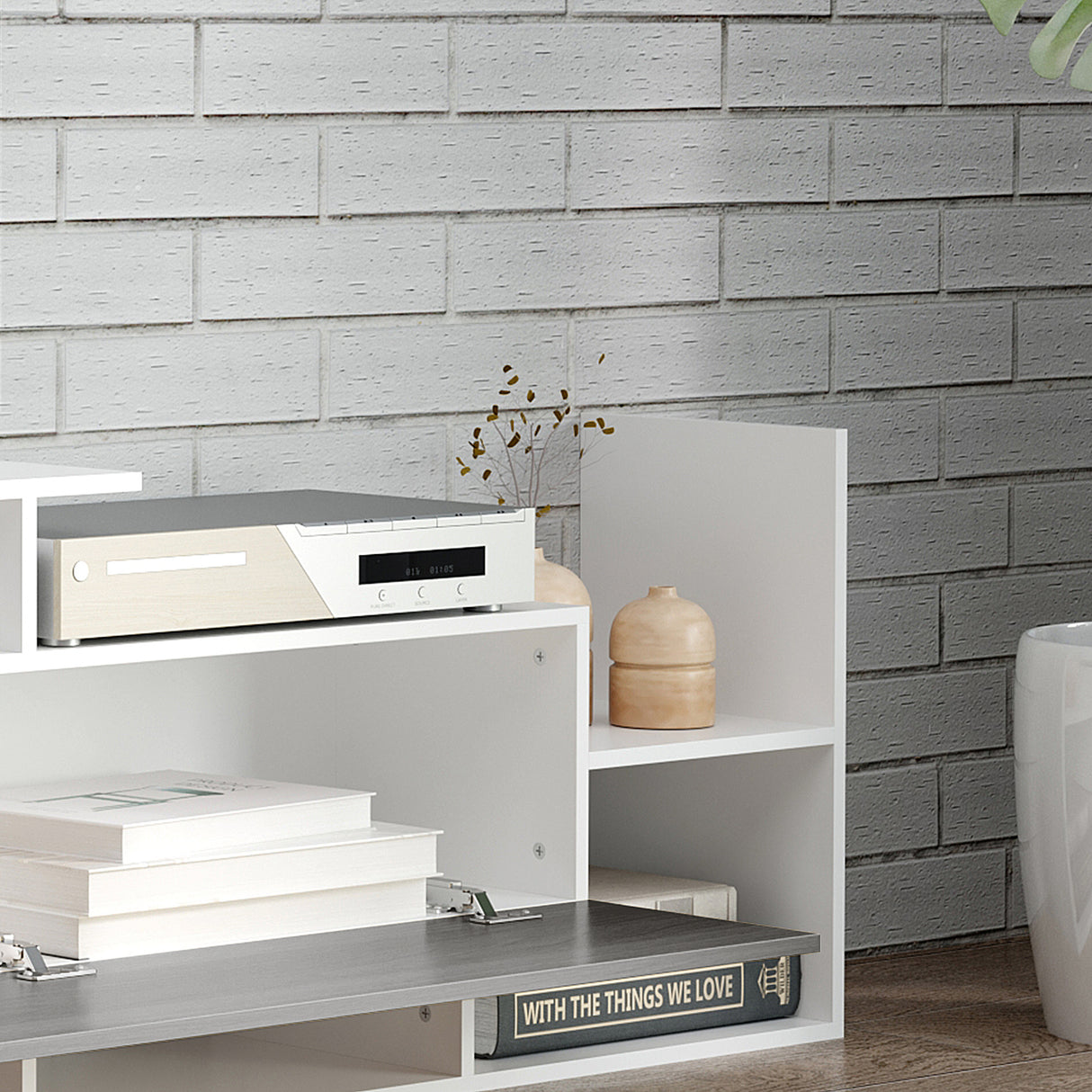 Wooden TV Stand 153.6cm Wide With Wall Shelf - Velmora