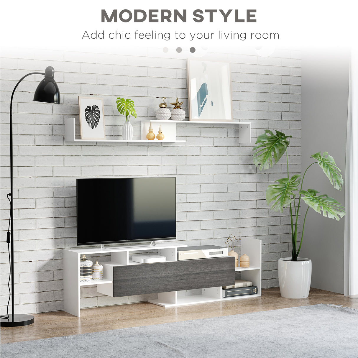 Wooden TV Stand 153.6cm Wide With Wall Shelf - Velmora