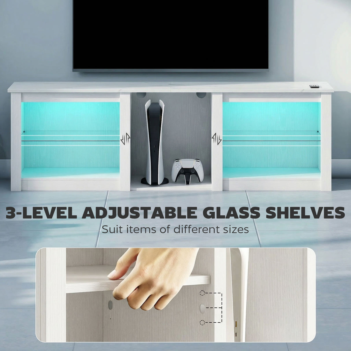 Wooden TV Stand 160cm Wide With LED Lights - Velmora