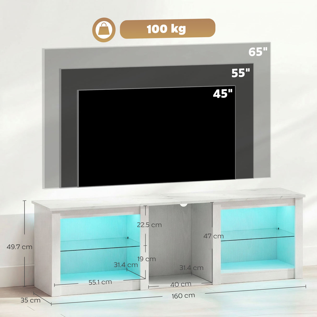 Wooden TV Stand 160cm Wide With LED Lights - Velmora