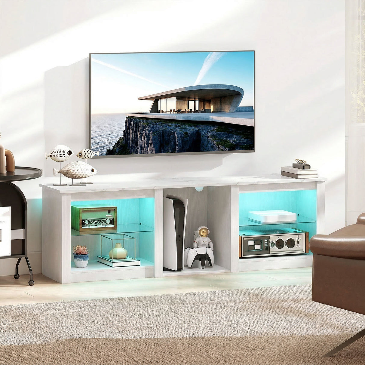 Wooden TV Stand 160cm Wide With LED Lights - Velmora