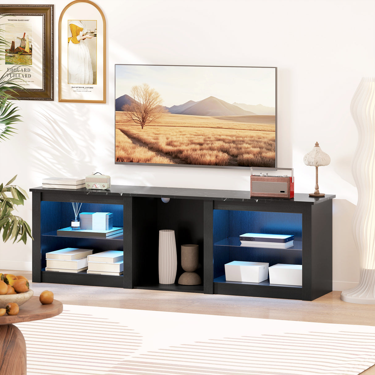 Wooden TV Stand 160cm Wide With LED Lights - Velmora