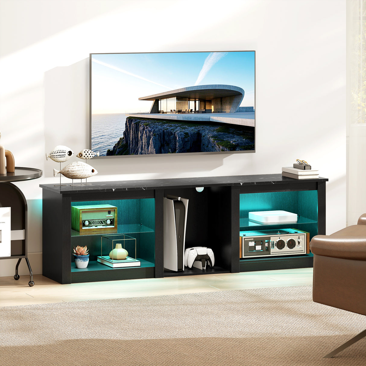 Wooden TV Stand 160cm Wide With LED Lights - Velmora