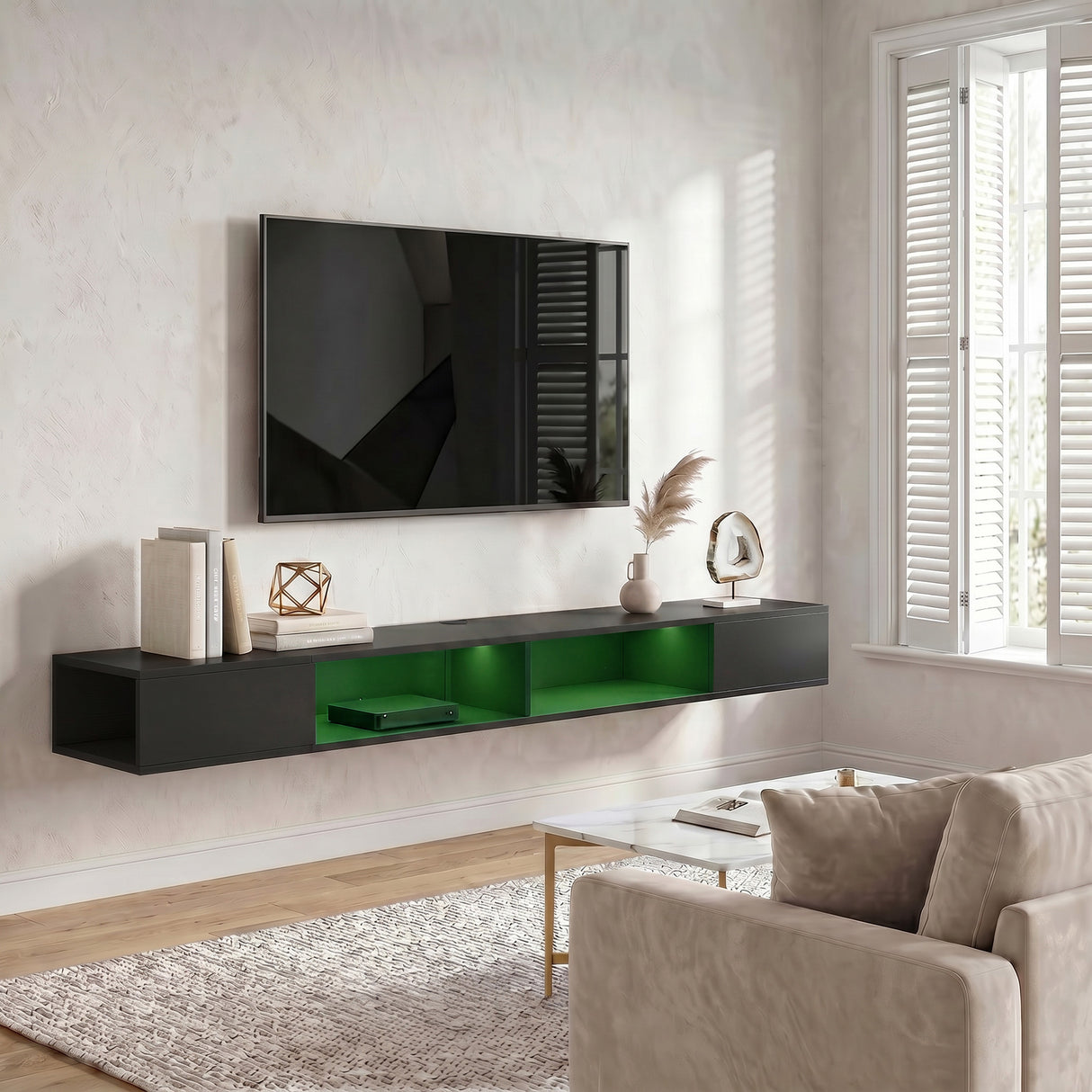 Wooden TV Stand 177.7cm Wide Wall Mounted With LED Lights - Velmora