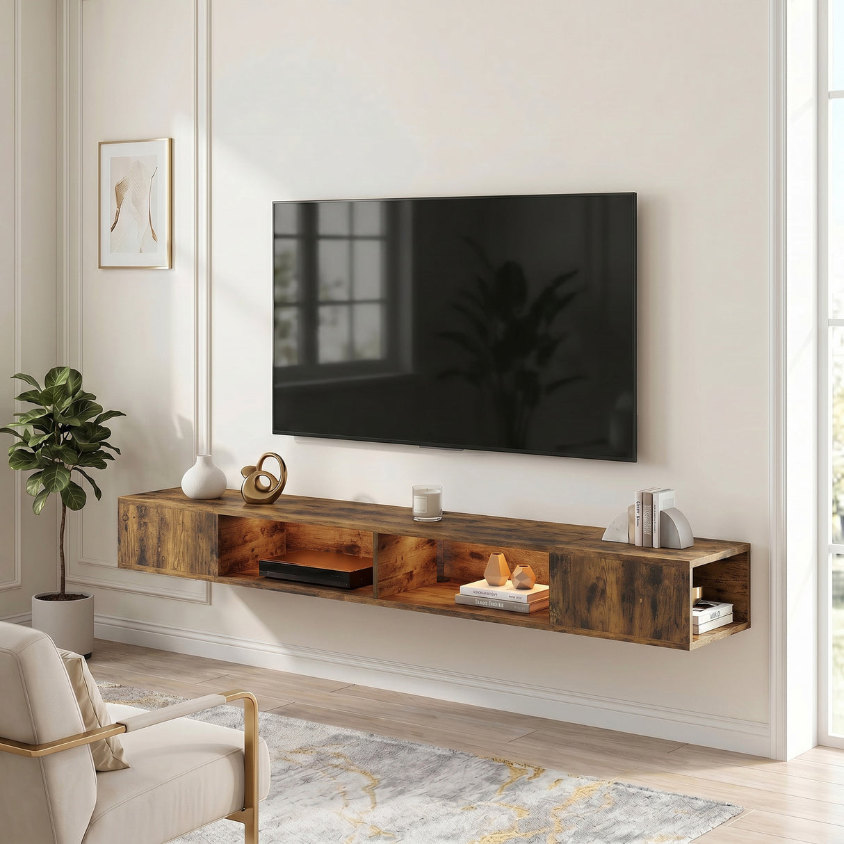 Wooden TV Stand 177.7cm Wide Wall Mounted With LED Lights - Velmora