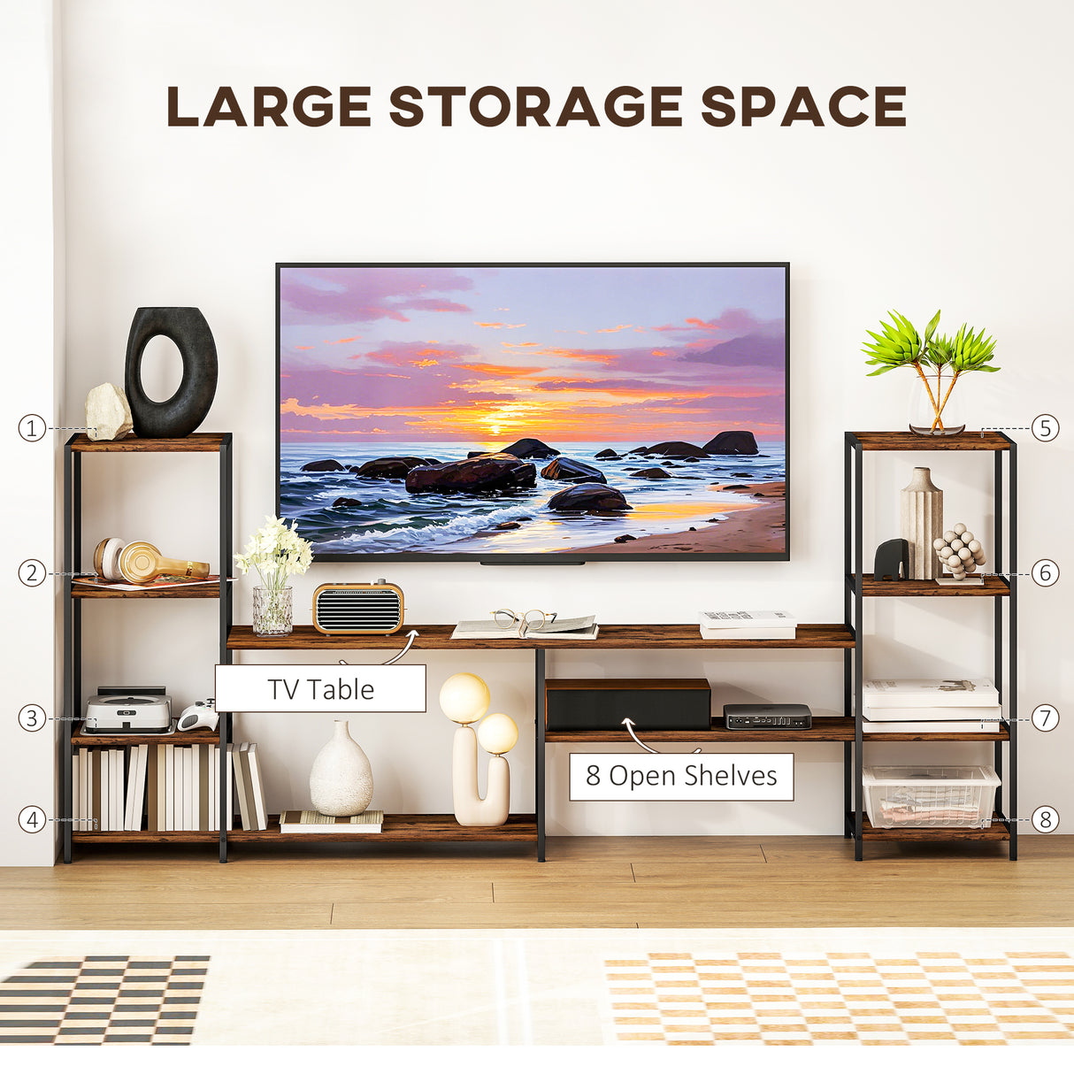 Wooden TV Stand 212cm Wide With Steel Frame - Velmora