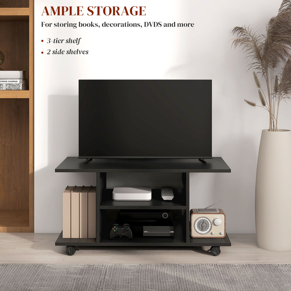 Wooden TV Stand 80cm Wide With Bookshelf - Velmora