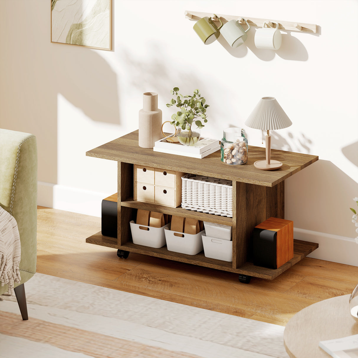 Wooden TV Stand 80cm Wide With Bookshelf - Velmora