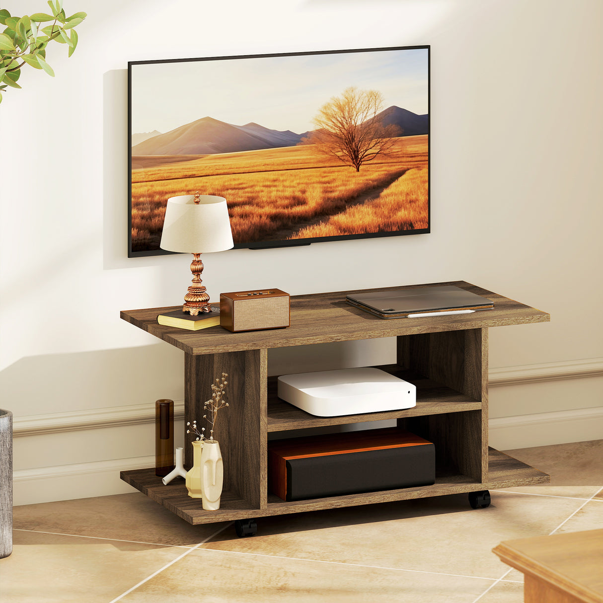 Wooden TV Stand 80cm Wide With Bookshelf - Velmora