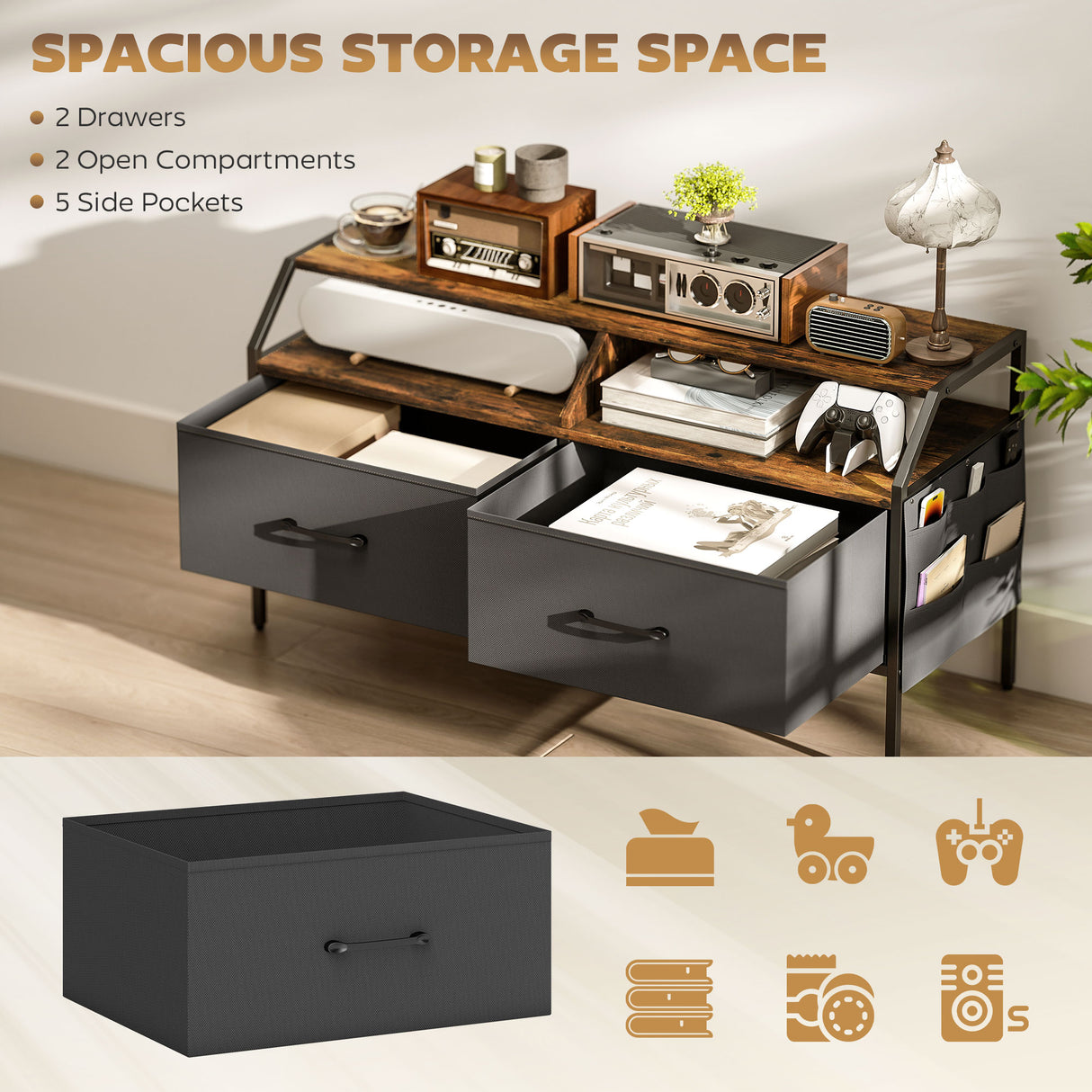 Wooden TV Stand 98cm Wide With 2 Drawers And Metal Frame - Velmora