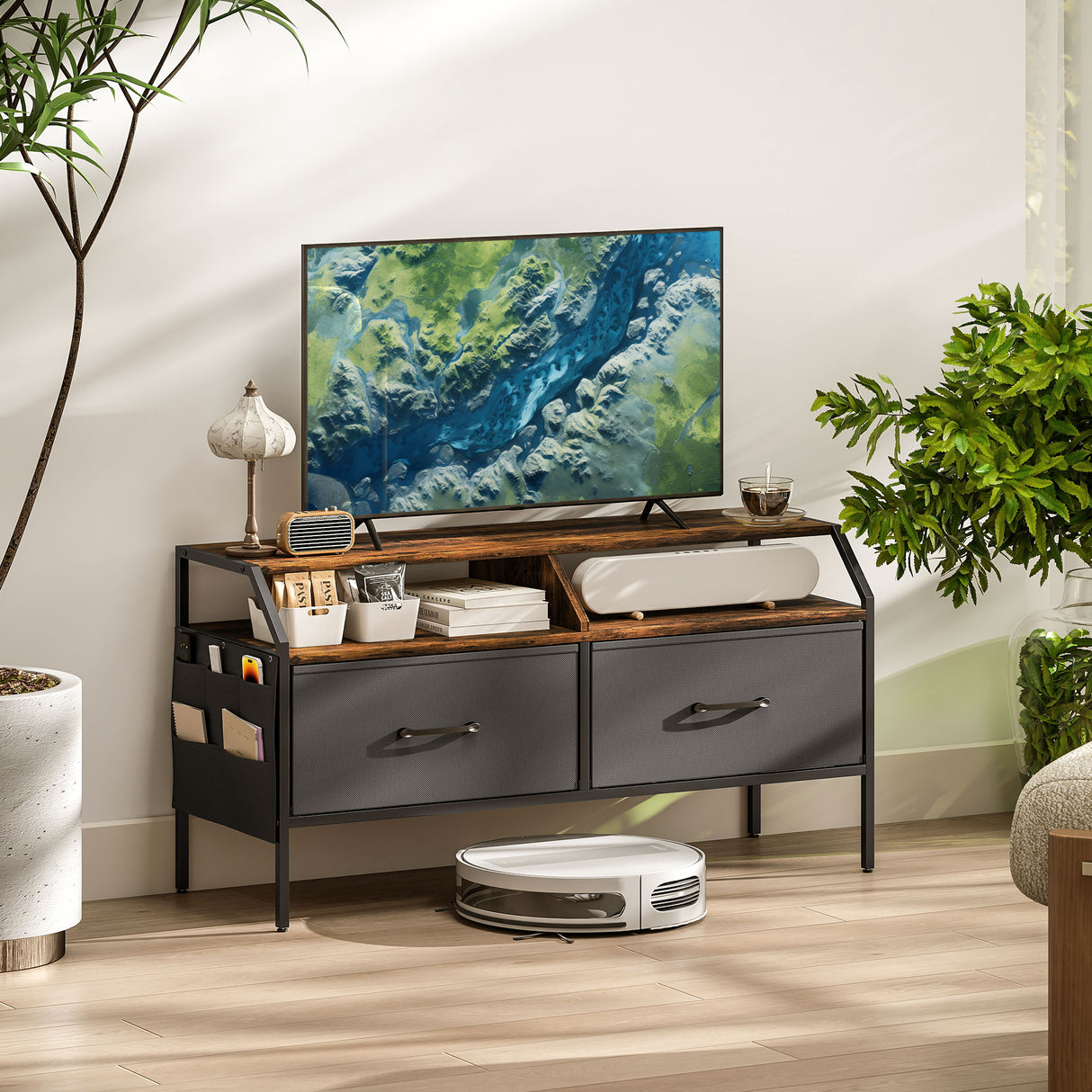 Wooden TV Stand 98cm Wide With 2 Drawers And Metal Frame - Velmora