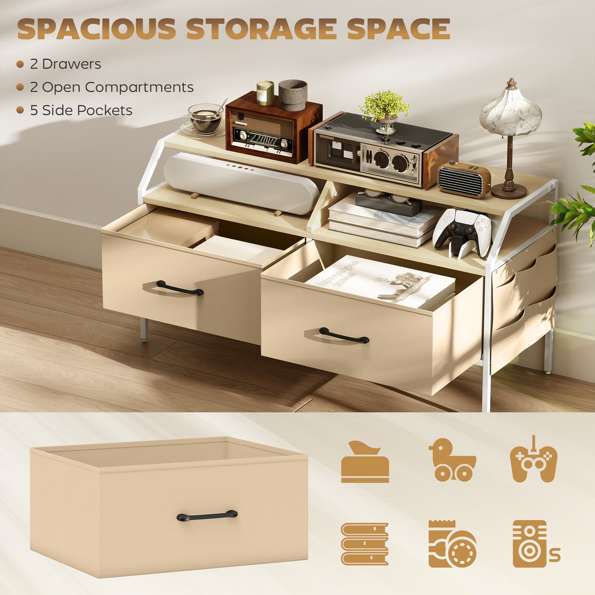 Wooden TV Stand 98cm Wide With 2 Drawers And Metal Frame - Velmora
