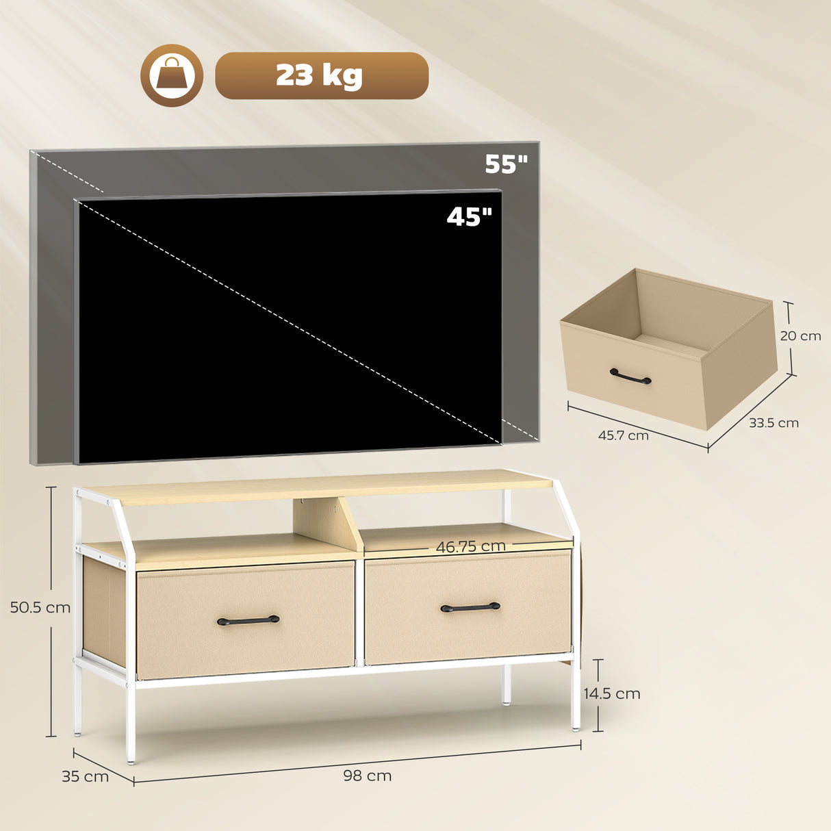 Wooden TV Stand 98cm Wide With 2 Drawers And Metal Frame - Velmora