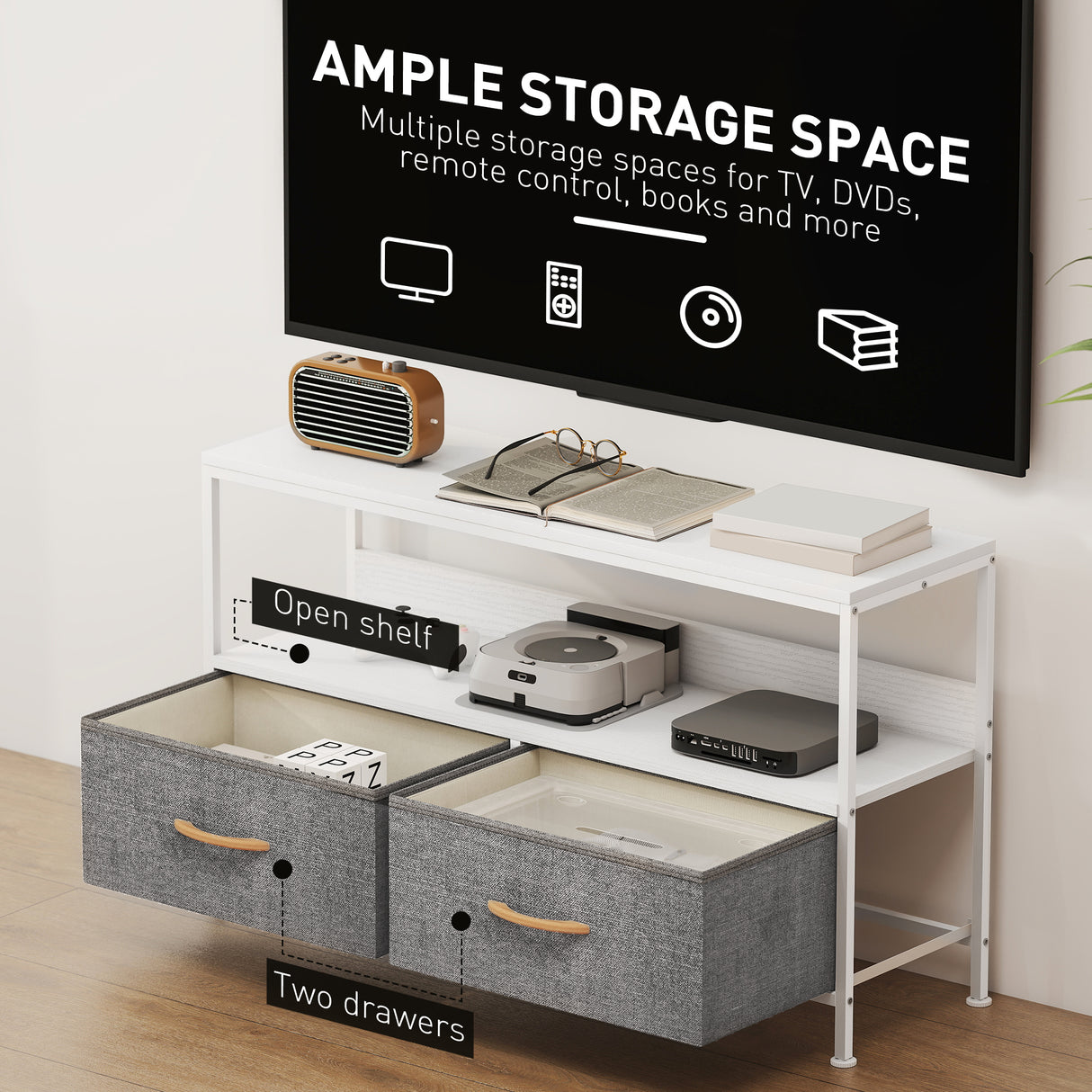 Particle Board TV Stand 98cm Wide With 2 Foldable Drawers - Velmora