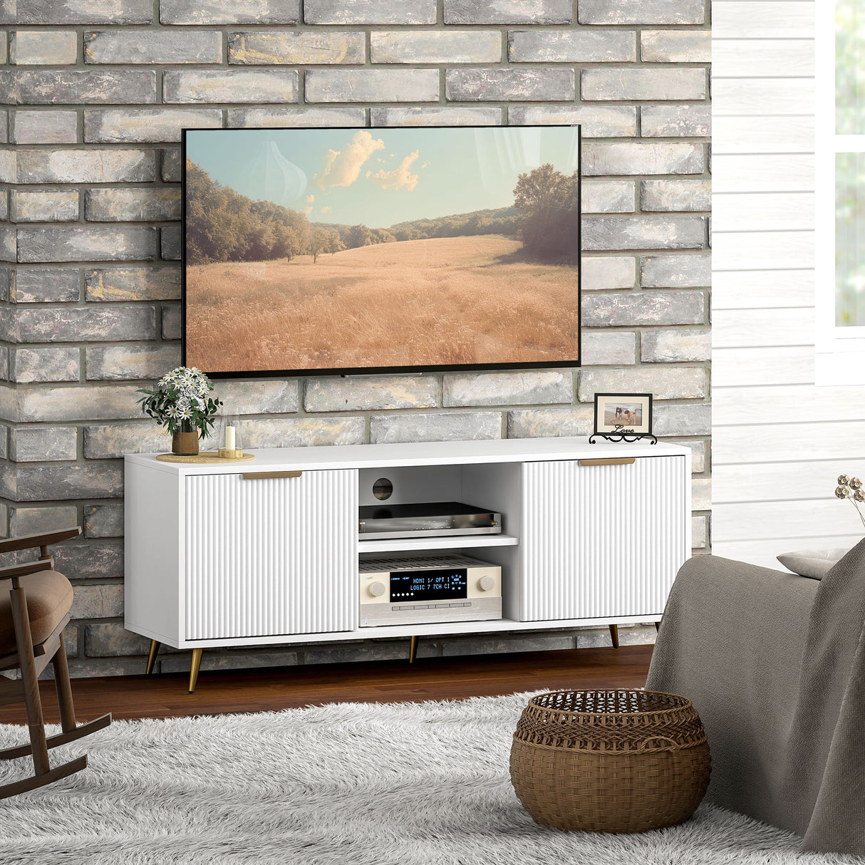 Particle Board TV Stand 120cm Wide With 2 Doors With Gold Legs - Velmora