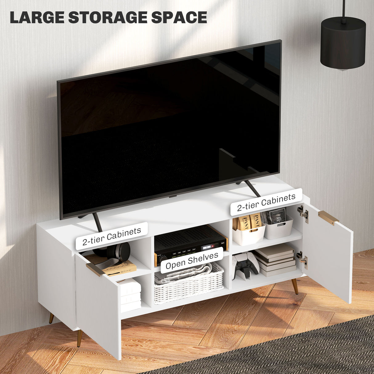 Particle Board TV Stand 120cm Wide With 2 Doors With Gold Legs - Velmora