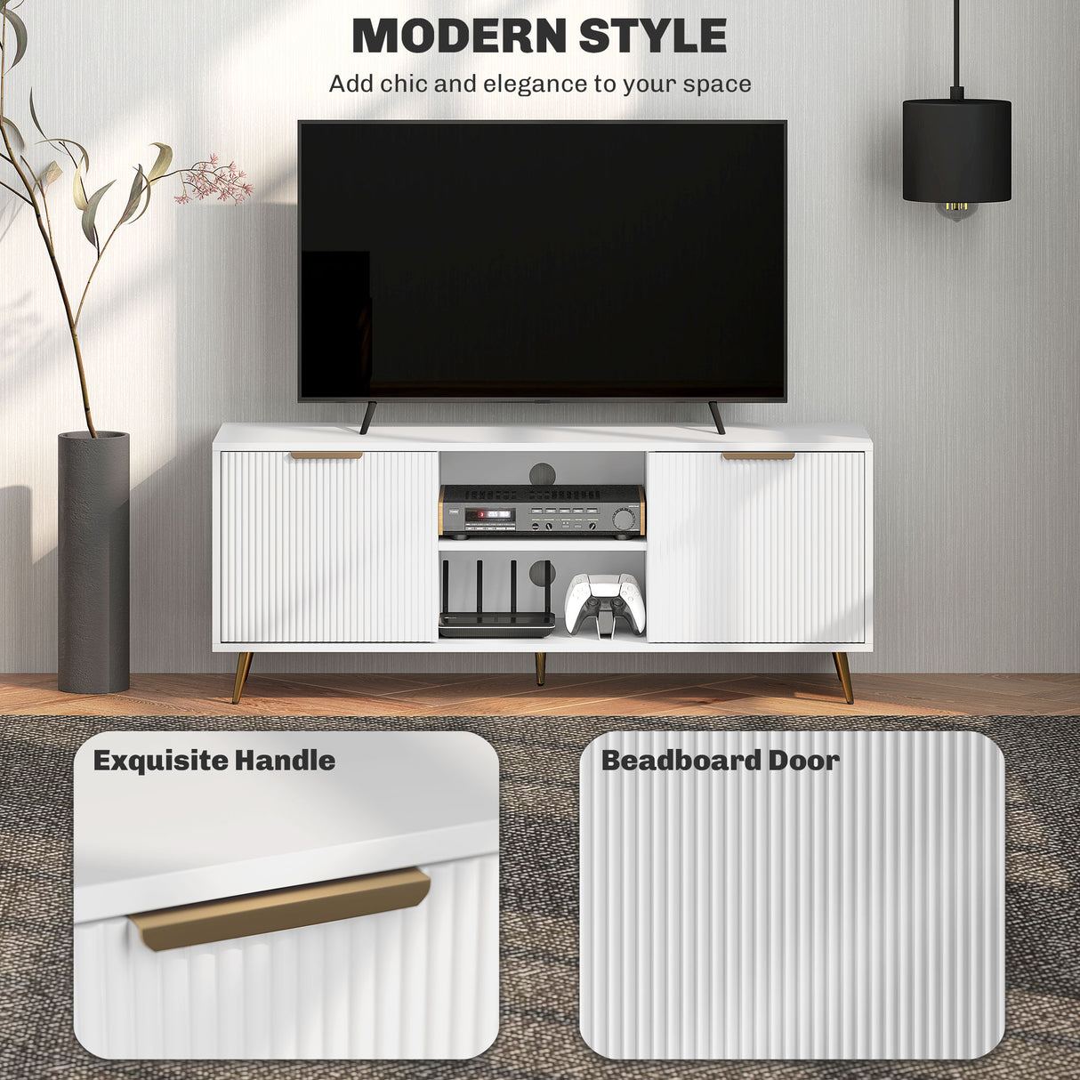 Particle Board TV Stand 120cm Wide With 2 Doors With Gold Legs - Velmora