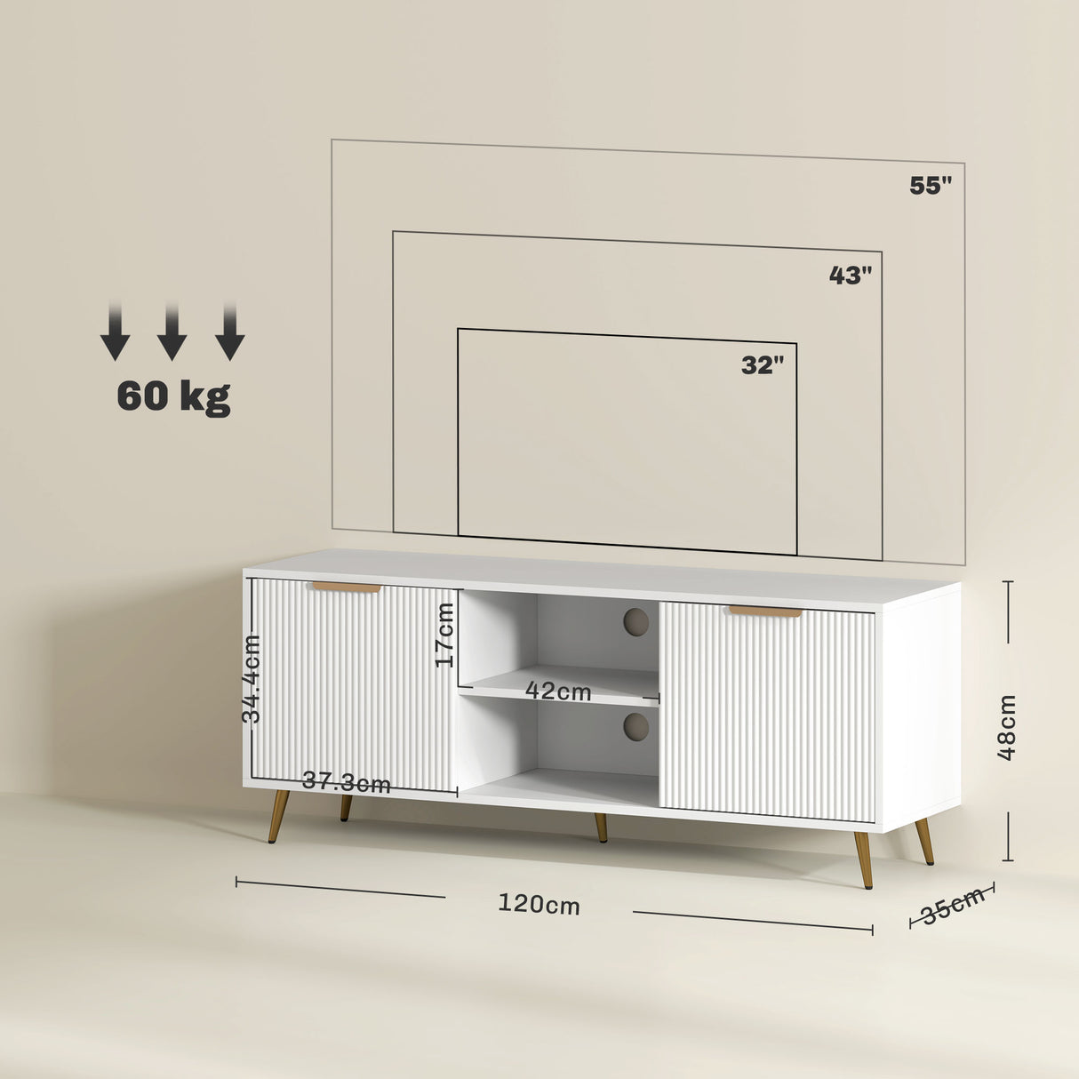 Particle Board TV Stand 120cm Wide With 2 Doors With Gold Legs - Velmora
