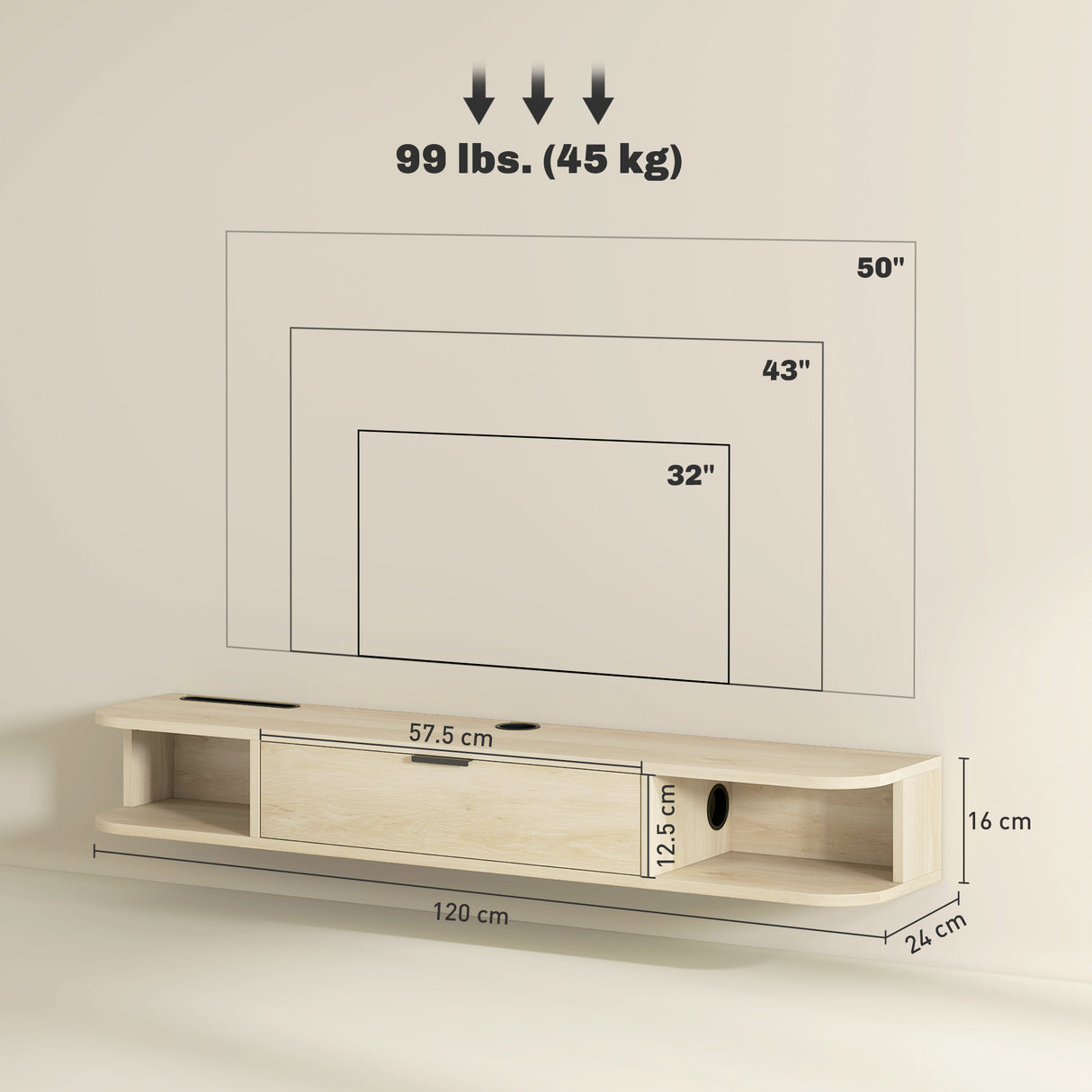 Particle Board Wall Mounted Floating TV Stand 120cm Wide With Flip Up Drawer - Velmora