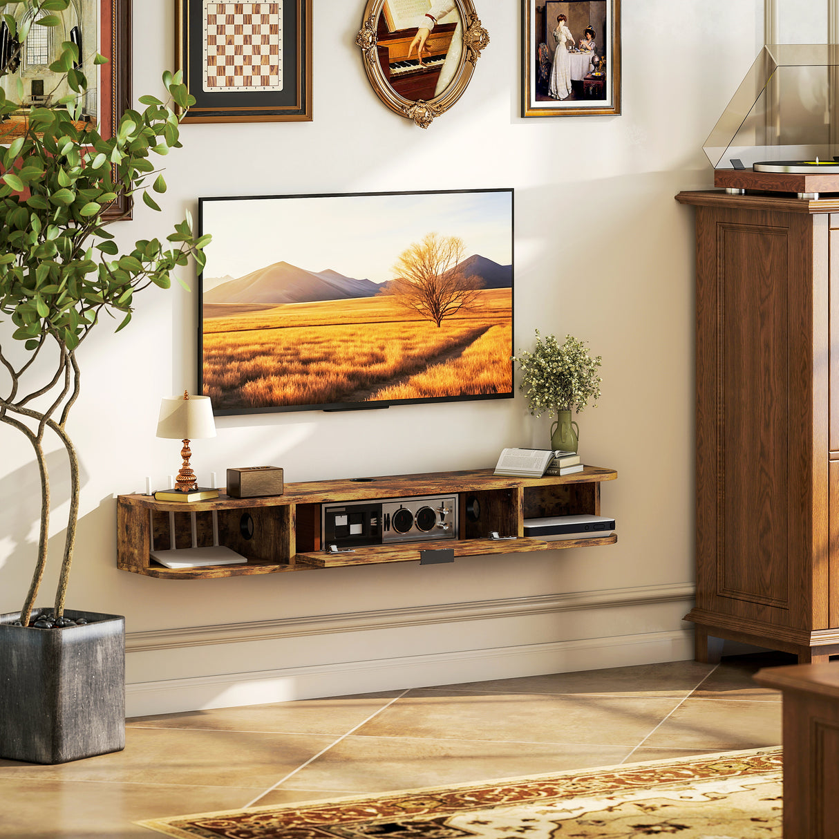 Particle Board Wall Mounted Floating TV Stand 120cm Wide With Flip Up Drawer - Velmora