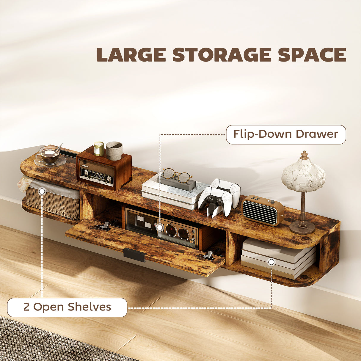 Particle Board Wall Mounted Floating TV Stand 120cm Wide With Flip Up Drawer - Velmora