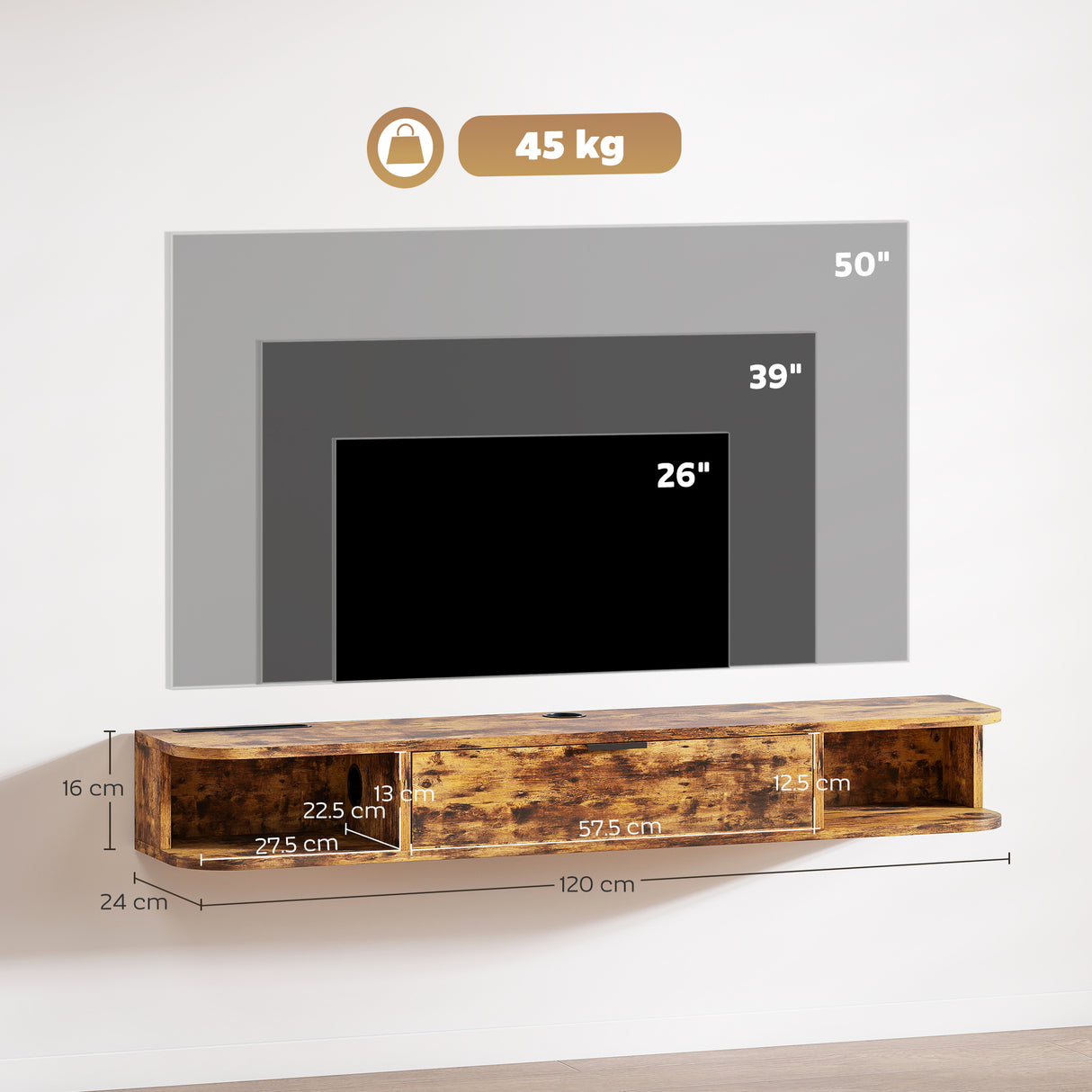 Particle Board Wall Mounted Floating TV Stand 120cm Wide With Flip Up Drawer - Velmora