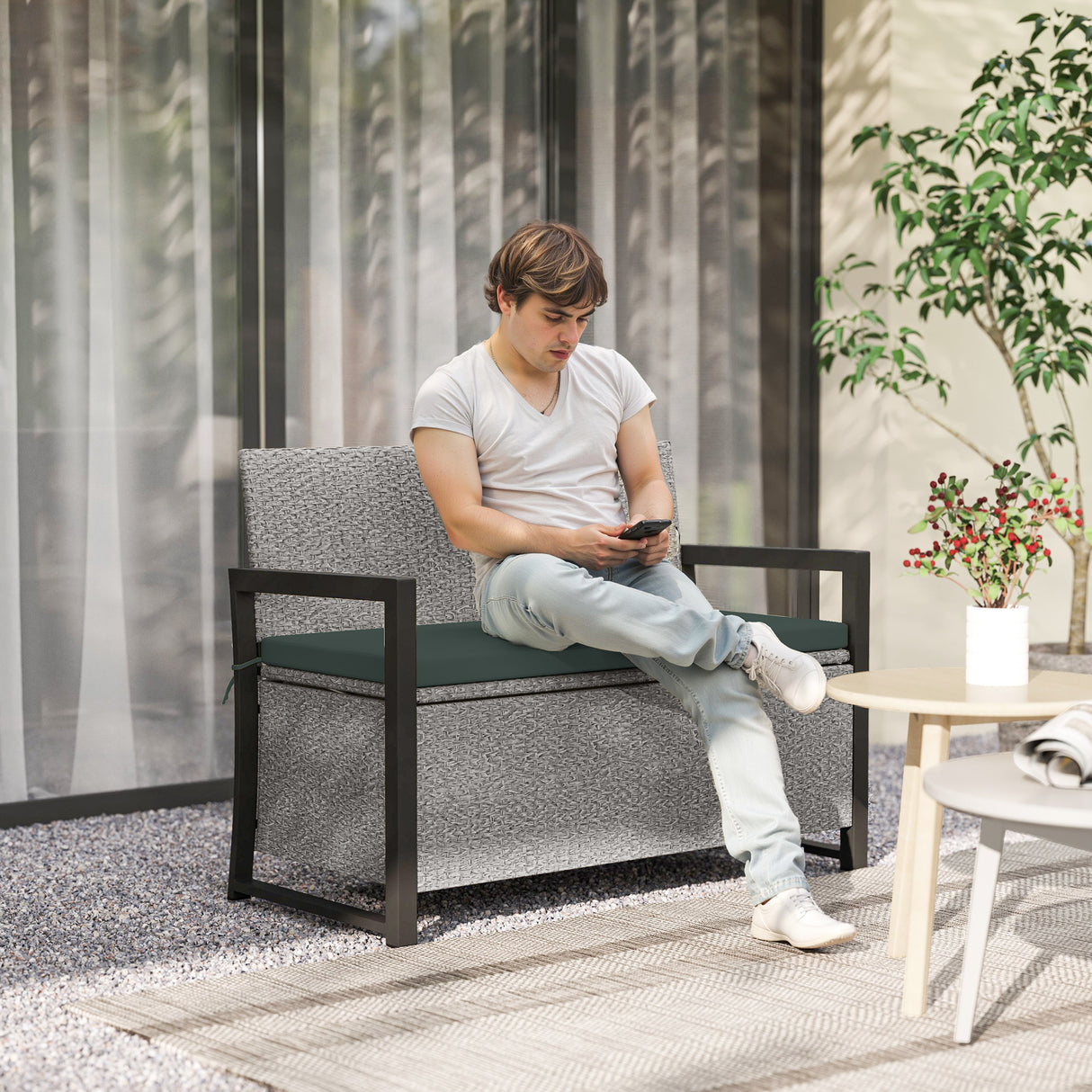 PE Rattan Outdoor Garden Bench 151.5Ltr With Storage - Velmora