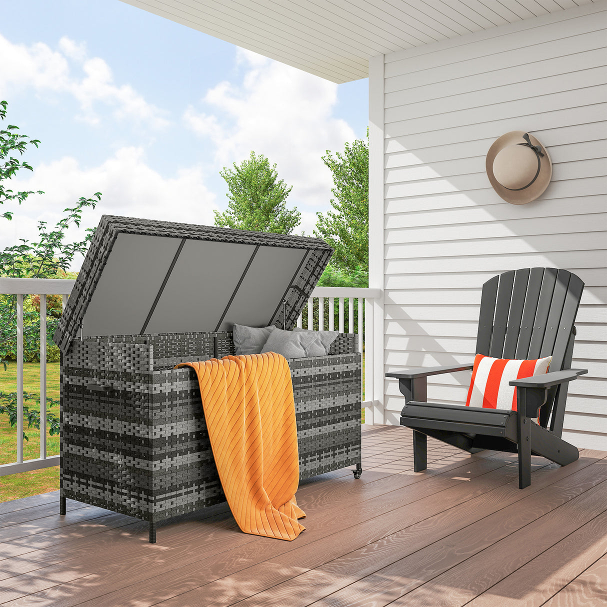 PE Rattan Outdoor Garden Storage Box 627Ltr With 2 Brake Wheels - Velmora