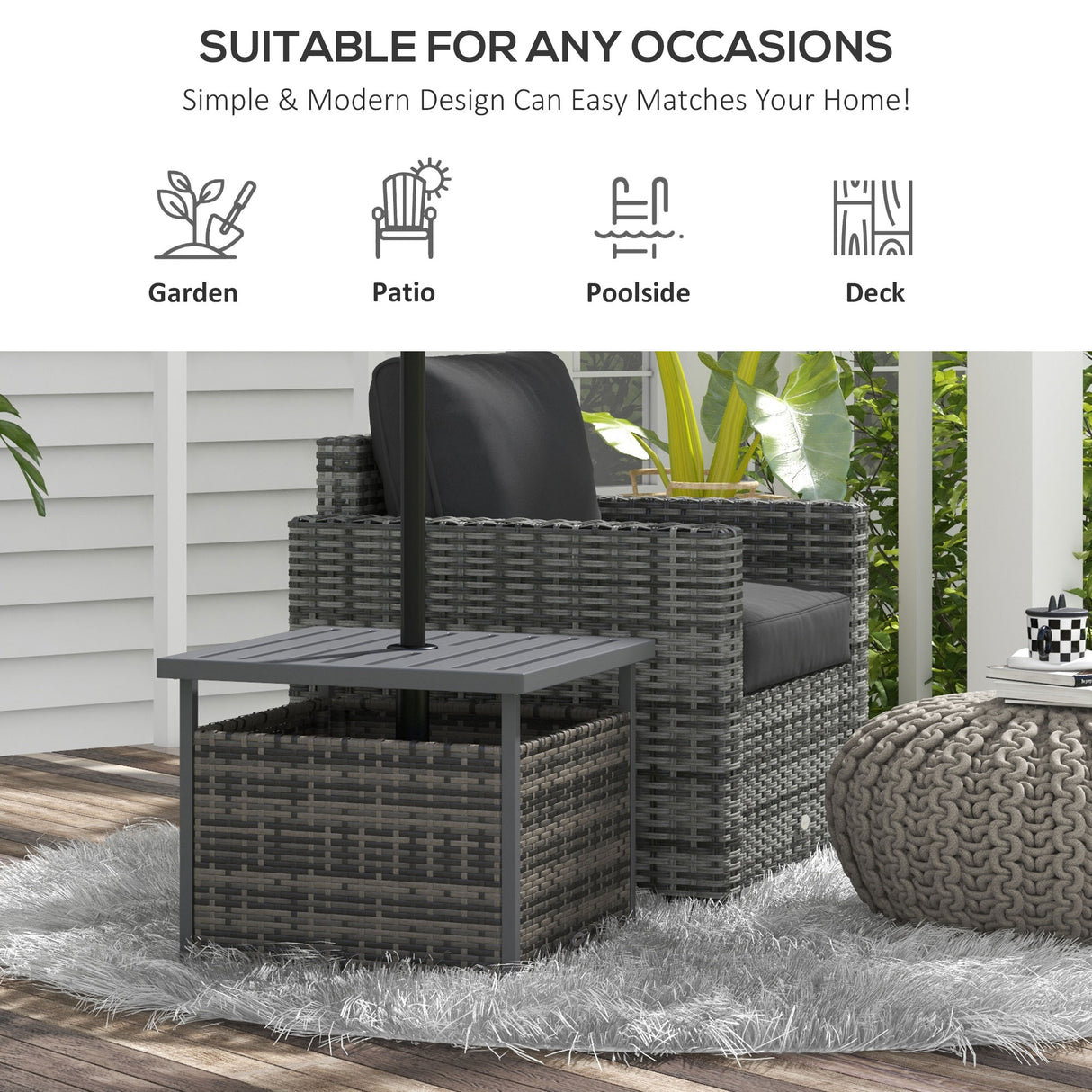 PE Rattan Slatted Top Outdoor Garden Coffee Table With Umbrella Hole - Velmora