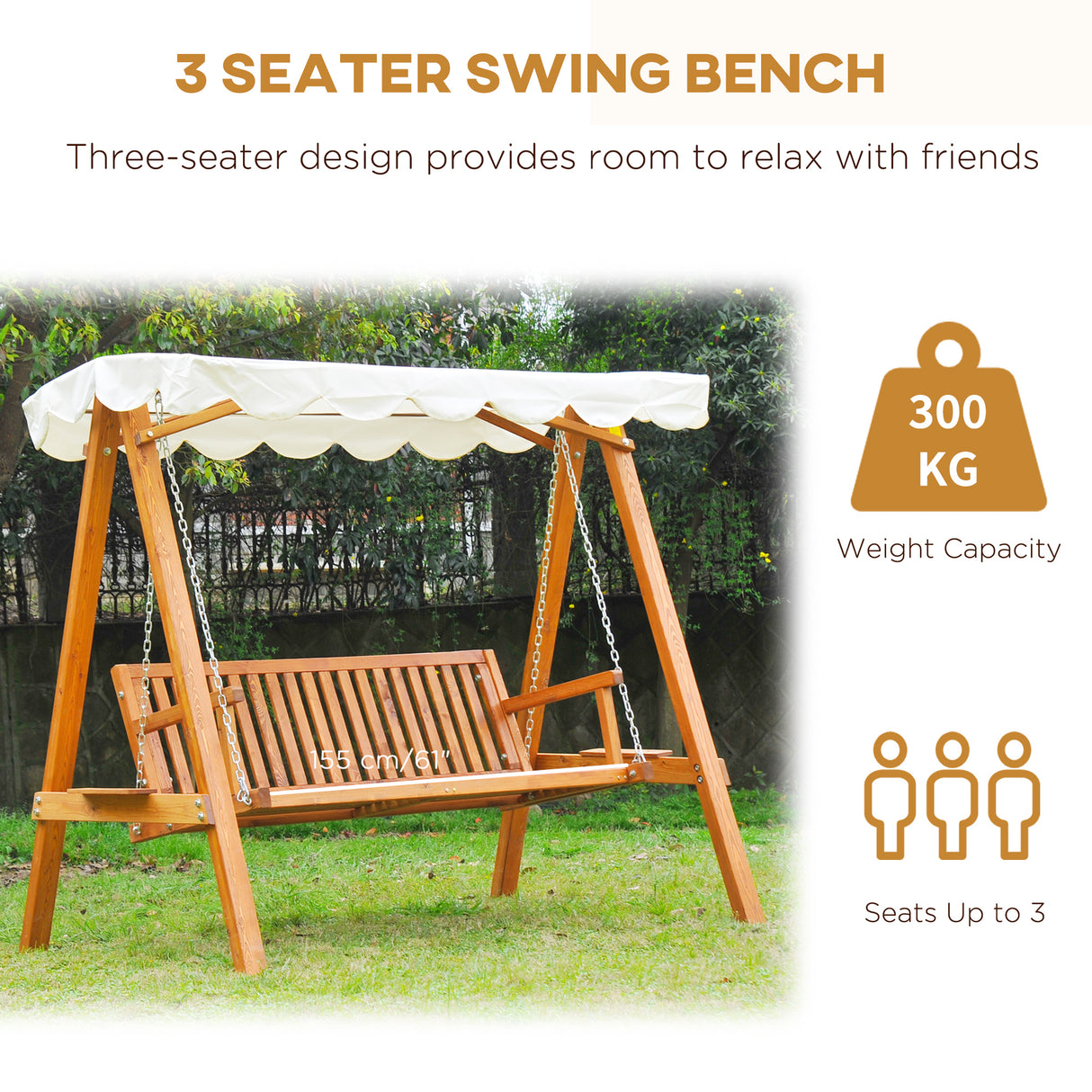 Pine Wood 3 Seater Garden Swing Hammock Bench - Velmora