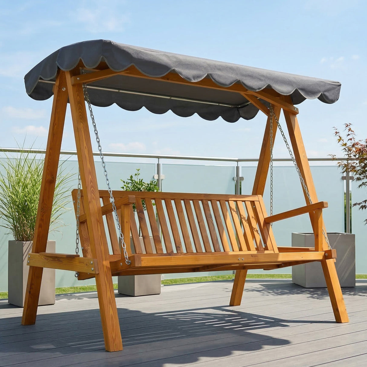 Pine Wood 3 Seater Garden Swing Hammock Bench - Velmora