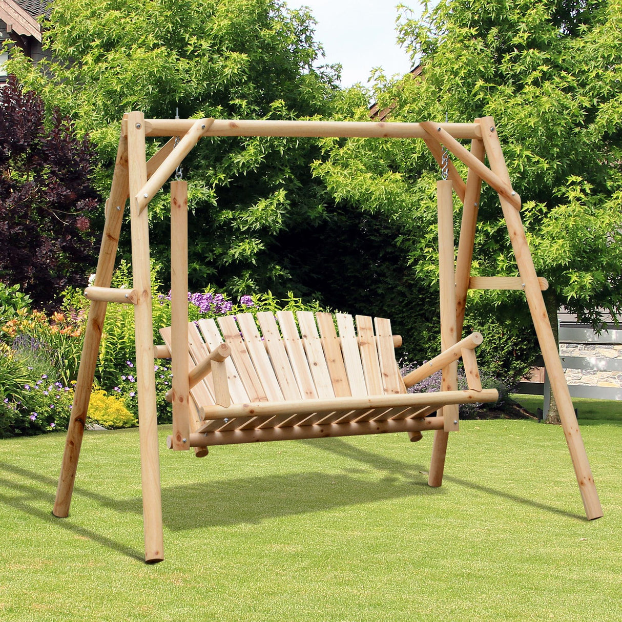 Pine Wood 2 Seater Garden Swing Chair Hammock Bench - Velmora