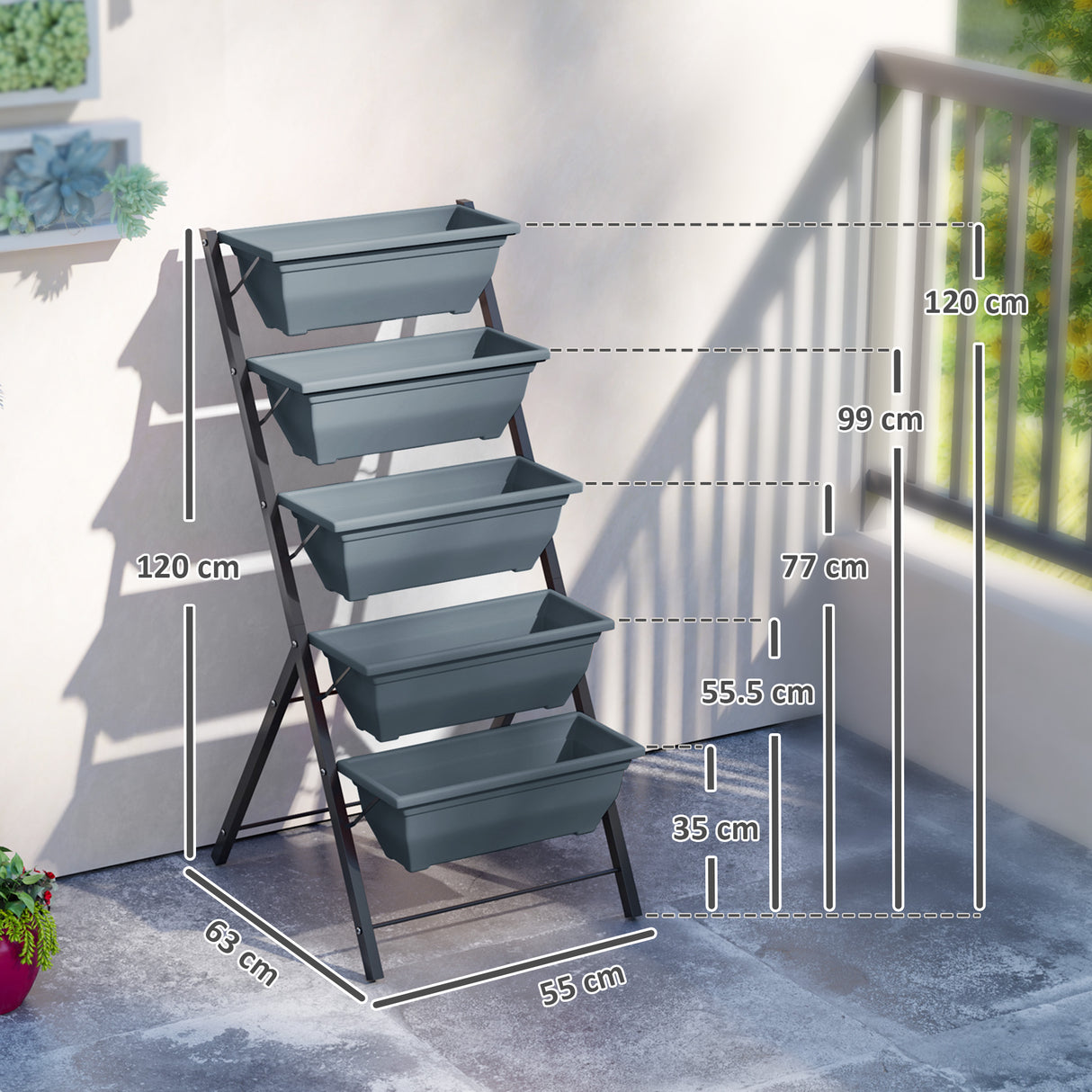 Plastic 5 Tier Garden Planter 55cm Wide With Steel Frame - Velmora