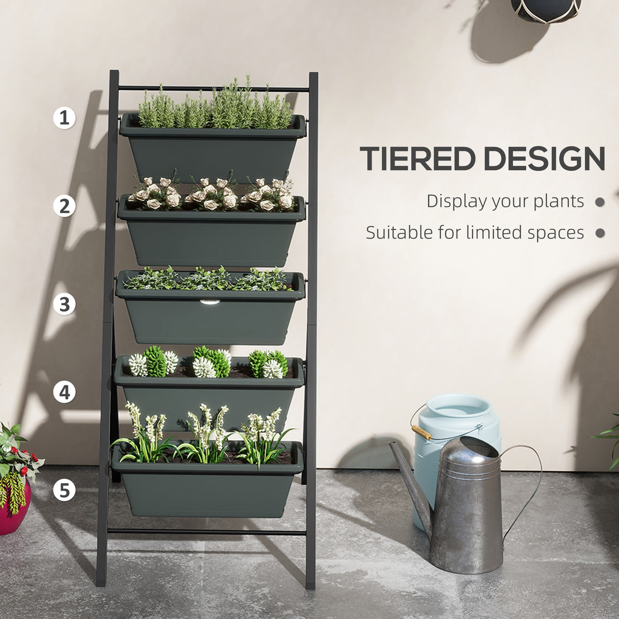 Plastic 5 Tier Garden Planter 57.5cm Wide With Steel Frame - Velmora