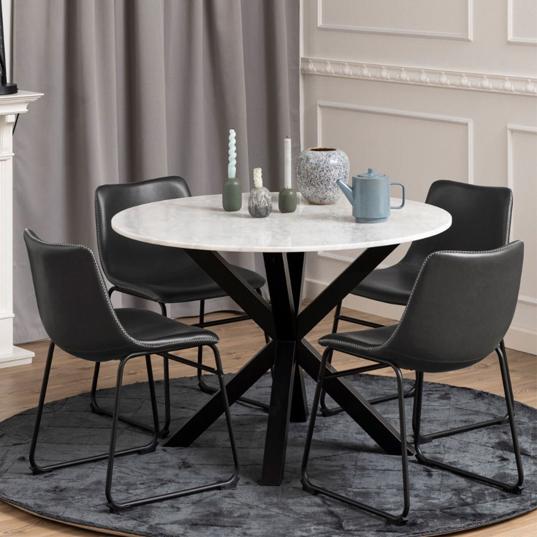 Polished Marble Dining Table Round With 4 Oregon Black Dining Chairs - Heaven