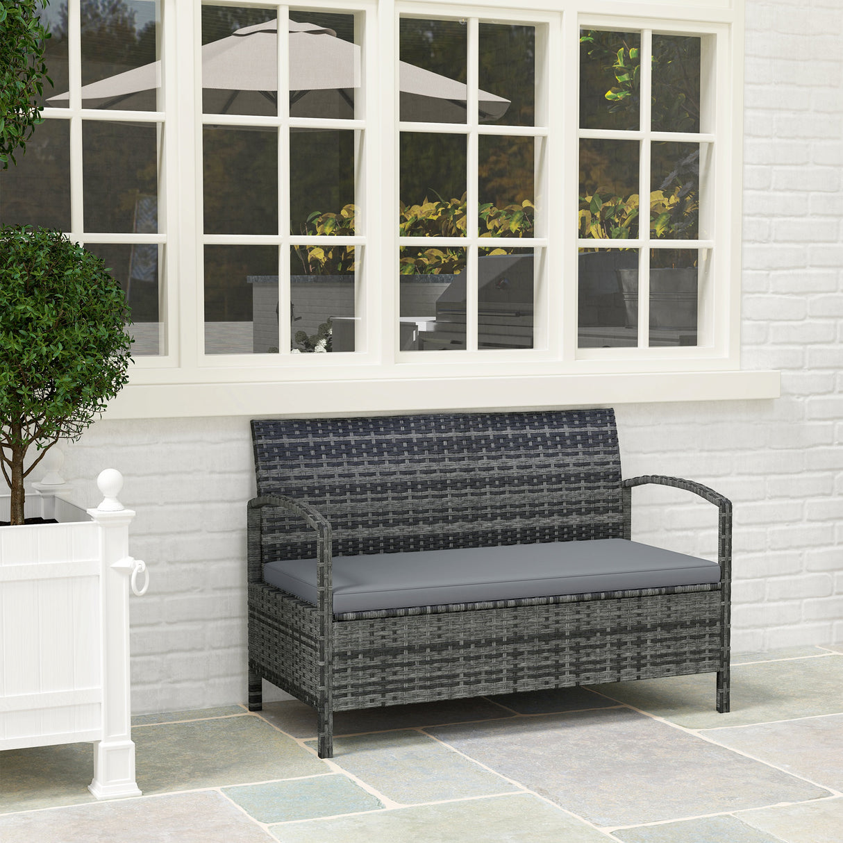 Poly Rattan 2 Seater Garden Bench with Cushion And 125L Storage - Velmora