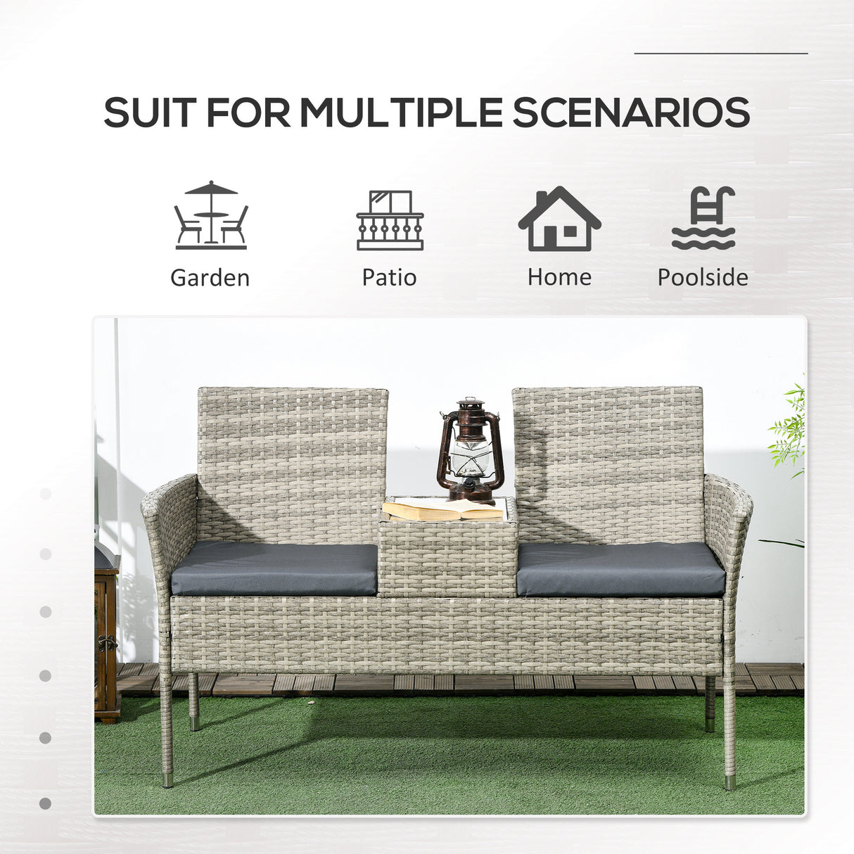 Poly Rattan 2 Seater Garden Chair With Middle Table - Velmora