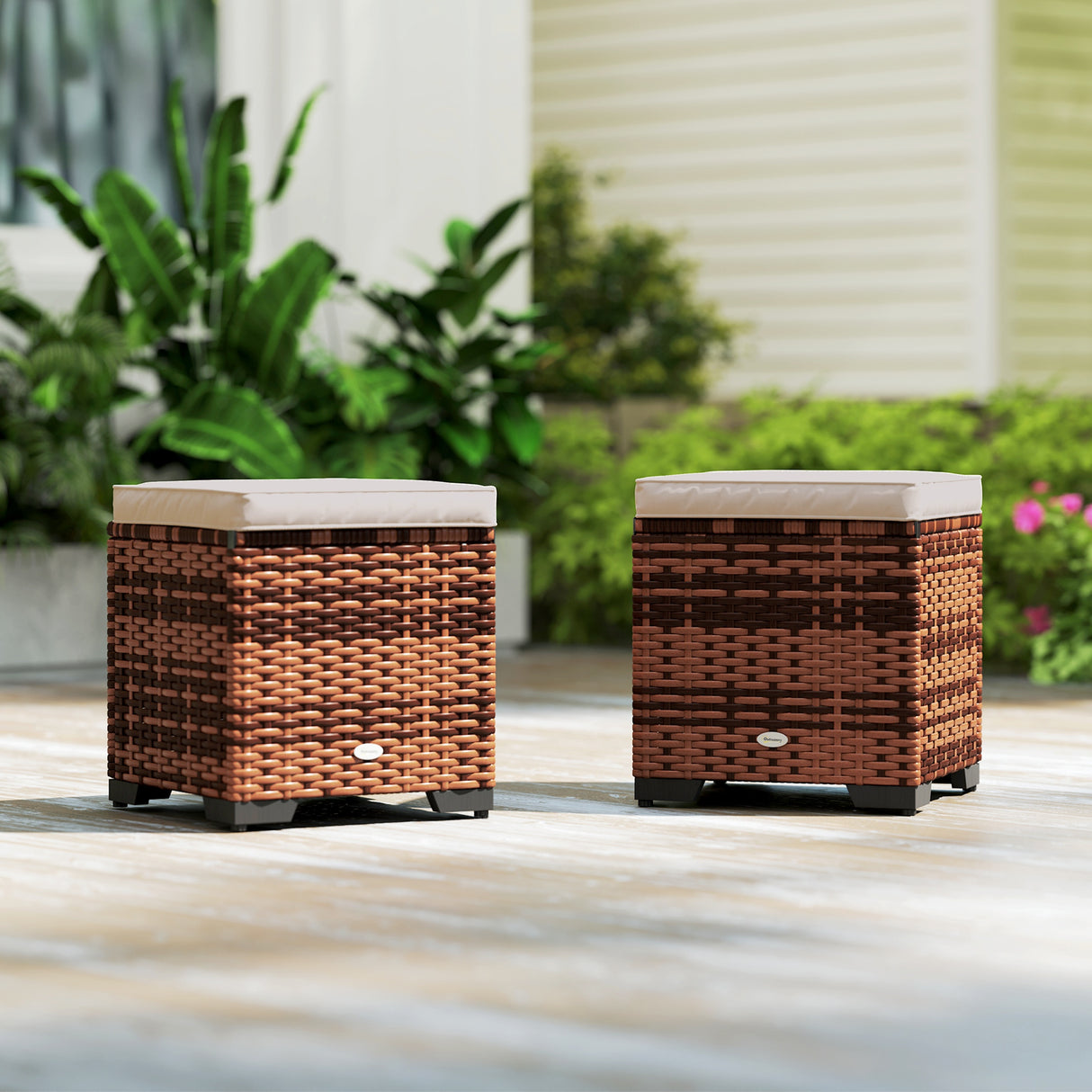 Poly Rattan Storage Ottoman in Set of 2 Outdoor Footstool - Velmora