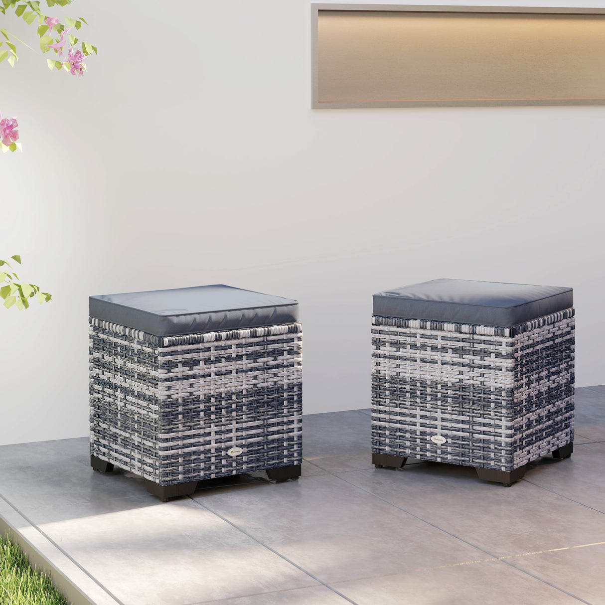 Poly Rattan Storage Ottoman in Set of 2 Outdoor Footstool - Velmora